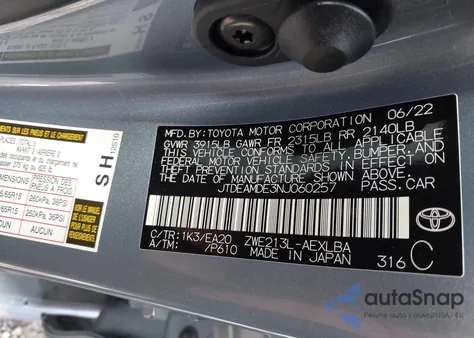 2022 Toyota Corolla Hybrid Le z USA, uszkodzony, nr VIN JTDEAMDE3NJ060257